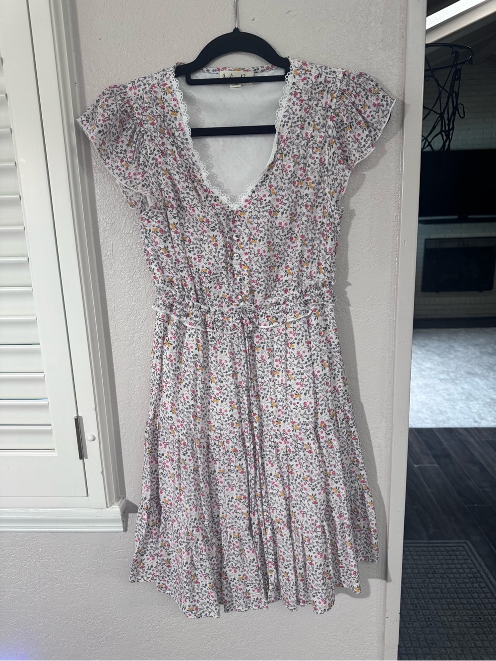 Indigo Rose White Floral Midi Dress with Tie Waist and Flutter Sleeves